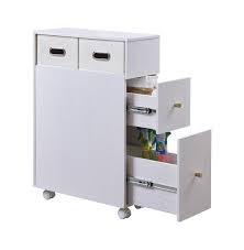 Ezfurni Low Profile Wooden Bathroom Floor Storage Cabinet With Wheels Narrow Bath Sink Organizer Toilet Paper Holder 2 Slide Out Drawers 2 Foldable Bins White Oak Amazon In Home Kitchen