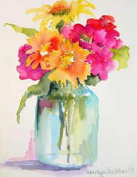 Pink Orange Yellow Flowers In Mason Jar Vase Watercolor By Marilyn Lebhar Flower Art Flower Painting Watercolor Art