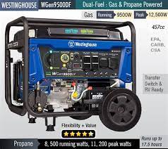 If you're looking for a best 7500 watt generator to power a big store, big home the rated and peak wattage of using gas or propane tank for this generator are 7500 & 9500, and 6750 & 8550 for gasoline and propane, respectively. Westinghouse Generator Wgen9500df Mode Button Westinghouse Wgen9500df Dual Fuel Portable Generator 9500 Rated 12500 Peak Watts Gas Or Propane The Westinghouse Wgen9500df Dual Fuel Portable Generator Produces Up To 12 500