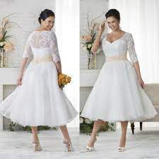 Discount Elegant Plus Size Wedding Dresses A Line Short Tea Length Lace Applique Bridal Gowns With Seeves Sn164 Simple Vintage Wedding Dresses Trendy Wedding Dr Plus Size Wedding Dresses With Sleeves