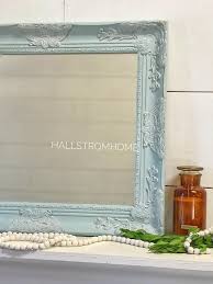 Feyarl 11.2 inch vintage makeup mirror floral tabletop oval vanity mirror with stand dressing room swivel double sided elegant decorative mirror embossed frame (bronze) 4.6 out of 5 stars 97 $24.90 $ 24. Bathroom Mirror In French Ornate Mirror Frame Painted Duck Egg Blue With White And Lightly Distressed Mirror Frame Diy Vintage Style Mirror Blue Wall Mirrors