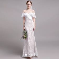 Free delivery and returns on ebay plus items for plus members. Chic Beautiful Champagne Beach Wedding Dresses 2019 Trumpet Mermaid Off The Shoulder Lace Flower Short Sleeve Backless Sweep Train