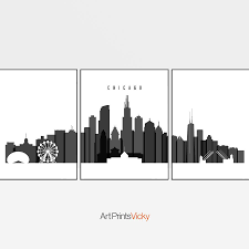 Black And White Chicago Skyline Wall Art Chicago Skyline Set Of 3 Prints Black And White Chicago Skyline City Skyline Art City Prints