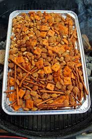 Pan Of Snack Mix On The Grill Snack Mix Crispix Snack Mix Recipe Crispix Snack Mix
