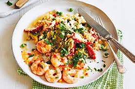 Diabetic meal plan & plate. The Low Carb Diabetic Garlic And Chilli Prawns With Cauliflower Rice