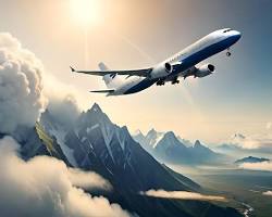 Image of airplane flying over a mountain range