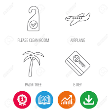 palm tree air plane and e key icons clean room linear sign