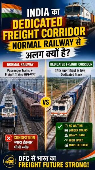 🚆 India ka Dedicated Freight Corridor normal railway se alag kyun hai? 🇮🇳, Normal railway par passenger + freight trains dono chalti hain, jabki DFC ko freight movement ke liye dedicated ...