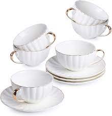 Amazon Com Btat Tea Cups And Saucers Set Of 6 7 Oz With Gold Trim And Gift Box Cappuccino Cups Coffee Cups White T In 2021 White Tea Cups Tea Cups Tea Cup Set
