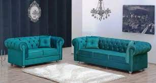 Chesterfield Velvet Turquoise Mil 29 Microfiber Modern Sofa Set Rain Furniture Fabric Sofas At Comfyco Com Furn Turquoise Sofa Fabric Sofa Furniture Fabric