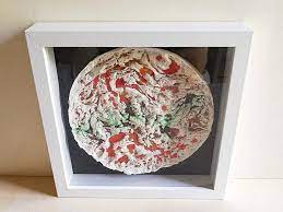 Wall Decoration With White Porcelain Disk And Orange Yellow Green Blue Murano Glass Black Background White Frame To Hang On The Wall In 2020 White Square Frame Wall Decor Murano Glass