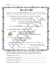 Spanish Contractions A El To Al And De El To Del Notes And Worksheet Microsoft Word Document Practices Worksheets Worksheets