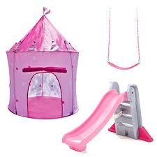 This is a super fun clubhouse that not only comes with two slides but also has a ton of other fun stuff to do as well. Girls Princess Castle Outdoor Playhouse Gorilla Playsets Uv Protected Deluxe Swing Belt Pink Amp Step2 Big Folding Slide Pink Step2 Kids Play Tent Outdoor Swing Step2 Slide Fun Activity For Kids Buy
