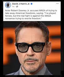 David J Harris Jr. 1m ·… Actor Robert Downey Jr. accuses MAGA of trying to  take away American freedoms, saying: "I've played heroes, but the real  fight is against this MAGA nonsense