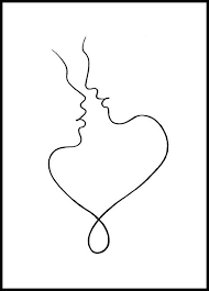 Someone really needs to be here to make me draw a male character that doesn't have a piercing, however small. Cute One Line Art Poster Of Two People Closing In For A Tender Kiss The Lines That Connect The Faces To Each Oth Line Art Drawings Line Art Design Outline Art