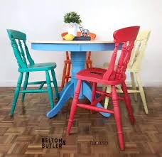 Bright Multi Coloured Dining Table And Chair Set Alice In Wonderland Table And Four Chair Set Painted Dining Room Table Table And Chair Sets Colored Dining Chairs