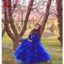 Lovely Royal Blue Girls Pageant Dresses Lace Applique Tiered Organza Long Sleeves Ruffles Flower Girls Dress For Wedding Party