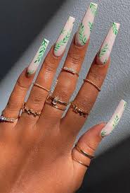 Teal nails with pineapple via pinterest. 29 Summer Aesthetic Nails Designs 2021 Green Leaf Coffin Nails