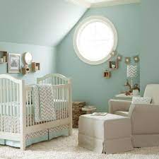 Grey And White Baby Room Ideas To Apply In Your Home Wonderful Attic Room For Baby With Light Blue Walls Round Gla Baby Crib Bedding Baby Cribs Baby Boy Rooms