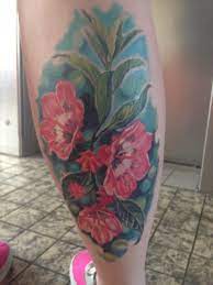 Floral Tattoo Pink Flowers Blue Background Mountain Laurel Watercolour Tattoo Back Of Leg Calf Background Tattoo Mountain Tattoo Tattoos
