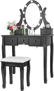 Holywood led mirror light bulb vanity led mirror headlights usb touch switch. Amazon Com Vivohome Makeup Vanity Set With 10 Led Bulbs Dressing Table With 360 Rotating Lighted Mirror And Cushioned Stool Black Kitchen Dining