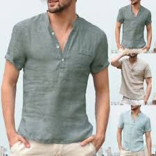 Men Linen Short Sleeve Shirt Summer Cool Loose Casual Shirts V Neck Tops Holiday Linen Shirt Men Mens Linen Shorts Bodybuilding T Shirts