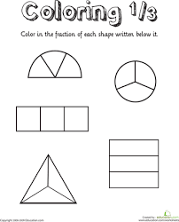 Coloring Shapes The Fraction 1 3 Worksheet Education Com Fractions Math Fractions Kindergarten Worksheets