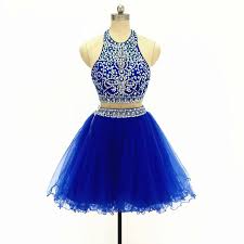 A Line Homecoming Dresses 2 Piece Royal Blue Prom Dresses High Neck Sleeveless Tulle Crystal Party Dress Formal Gown In 2020 High Neck Prom Dress Prom Dresses Short Blue Royal Blue Cocktail Dress