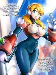 minster (dooke), alia (mega man), mega man (series), mega man x (series),  commentary, english commentary, highres, 1girl, :d, android, blonde hair,  blue eyes, breasts, chest jewel, english text, gloves, hairband, large  breasts,