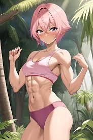 Anime Muscular Small Tits 30s Age Seductive Face Pink Hair Pixie Hair Style  Dark Skin Illustration Jungle Front View Working Out Teacher  3665072975913052589 