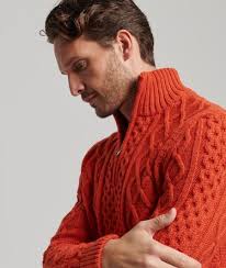 mens Vintage Jacob Cable Knit Half Zip Jumper in Fire Orange