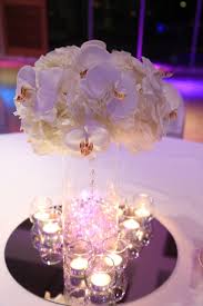 Wedding Centrepiece With Hydrangea And Orchids Wedding Decorations Wedding Reception Flowers Wedding Centerpieces