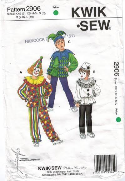 Kwik Sew Pattern 2906 Clown Jester costume with collars and hats Children's Sizes XXS through medium – Sewing Pattern Heaven