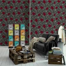 White wooden table and red sofa chair, design, style, villa, interior. As Creation Floral Flowers Trail Wallpaper Glitter Shimmer Red Grey Black Vinyl 36695 7