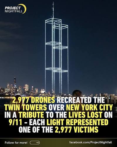 A nighttime drone show illuminated the New York City skyline with the outlines of the former World Trade Center Twin Towers, honoring those killed in the September 11, 2001 terrorist attacks. The