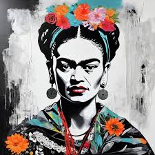 Homage to Frida Kahlo Pop Art Stencil Art Black White Abstract Elements Flora  Flowers up to 150 X 150 Cm /modern/art Frame Black/xxl Prints