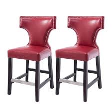 Set Of 2 Kings Counter Height Barstool With Studded Bonded Leather Seat Red Corliving Leather Counter Stools Corliving Upholstered Bar Stools
