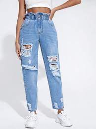Paper Bag Waist Ripped Jeans Shein Asia