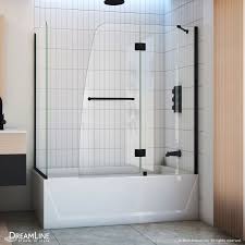 Framed sliding tub/shower door in satin nickel the ovation curved shower door is design the ovation curved shower door is design matched to fit perfectly along the contour of the ovation tub deck. Aqua Hinged Tub Door With Return Panel Dreamline