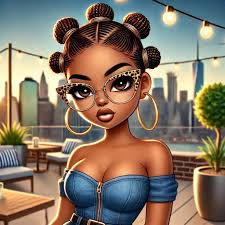 A confident, curvy African American chibi female character with a fun and  youthful vibe. Her hair is styled in two fluffy space buns with gold  accents. She wears round glasses in vibrant