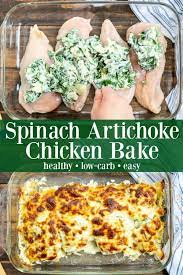 Healthy Spinach Artichoke Chicken Bake A Perfect Low Carb Family Dinner Healthy Baked Chicken Health Dinner Recipes Healthy Chicken Recipes