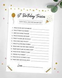 It's like the trivia that plays before the movie starts at the theater, but waaaaaaay longer. 1st Birthday Trivia How Well Do You Know Me Party Game Gold Etsy First Birthday Games 1st Birthday Party Games First Birthday Activities