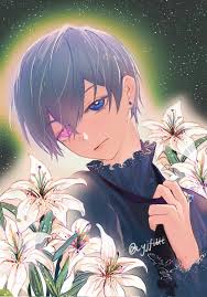 ciel phantomhive, kuroshitsuji, highres, 1boy, black shirt, blue eyes, blue  hair, closed mouth, earrings, flower, glowing, glowing eyes, hand up,  heterochromia, jewelry, lace trim, lily (flower), long sleeves, looking at  viewer, male