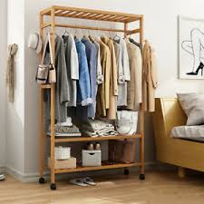 Clothing store floor display rack. Bamboo Clothes Rack Garment Storage Closet Organizer Hanging Rail Shelf On Wheel Ebay