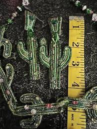 Bradley Levin Green Beaded Enamel Cactus 4” Earrings & Necklace Set Vintage 