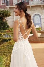 Style 44249 Illusion Bodice A Line Gown With Crisscross Back Sincerity Bridal A Line Bridal Gowns Spaghetti Strap Wedding Dress Wedding Dress Low Back