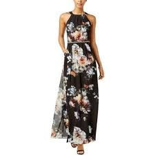 Slny Womens Black Floral Print Embellished Waist Maxi Dress