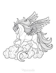 Unicorn and rainbow there is plenty of coloring to be done in this picture of a feisty unicorn above the clouds with a magical rainbow in the background. 75 Magical Unicorn Coloring Pages For Kids Adults Free Printables