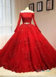 Vintage Red Long Sleeved Ball Gown Wedding Dress With Lace Bodice And Off The Shoulder Evening Dresses With Sleeves