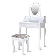 Kchex Vanity Wood Makeup Dressing Table Stool Set Jewelry Desk W 4 Drawer Mirror Whi Makeup Dressing Table Dressing Table With Stool Mirrored Bedroom Furniture